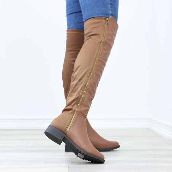 Tan Thigh High Over The Knee Faux Leather & Stretchy Material Low Heel Boot - Picture 6 of 15